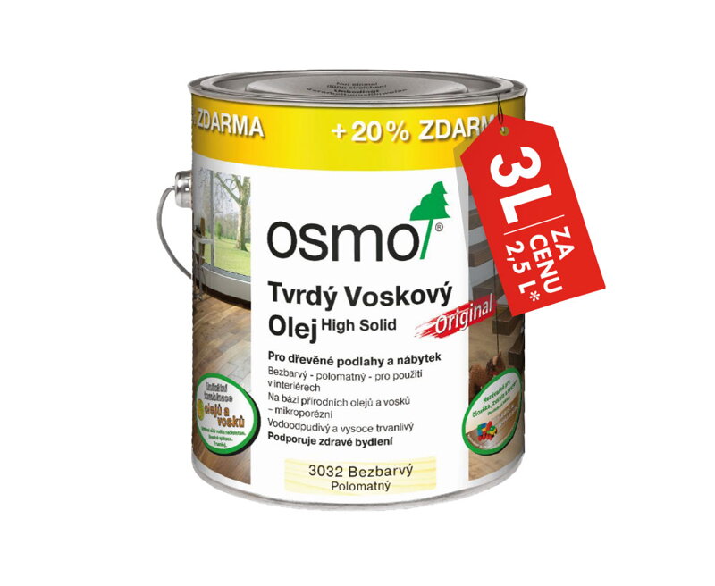 OSMO Tvrdý voskový olej Originál AKCIA 3 l za cenu 2,5 l